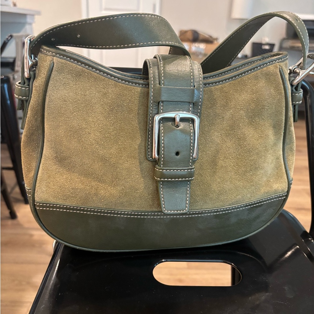 Coach Olive Green Suede and Leather Shoulder Bag